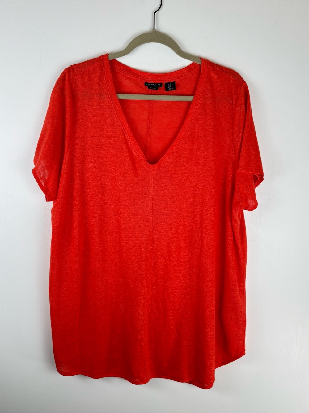 Tahari Womens Size 1X Blouse Top Linen Short Sleeves V Neck Orange Plus